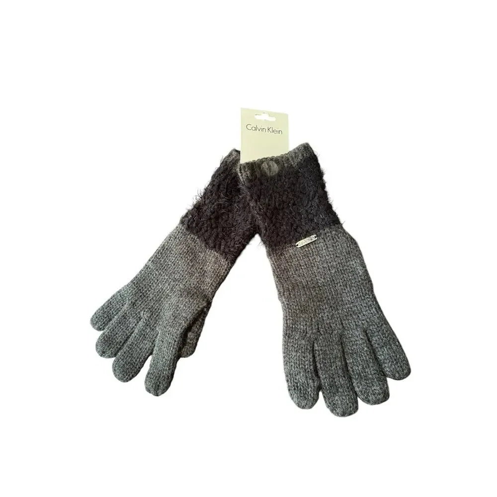 Calvin Klein Knit Gloves Womens Gray Black Textured Cuff Winter Snow Weather NWT